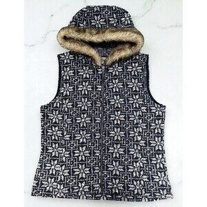 Talbots Fair Isle Sweater PL Vest Faux Fur Hood Zip Up Winter Nordic Pattern